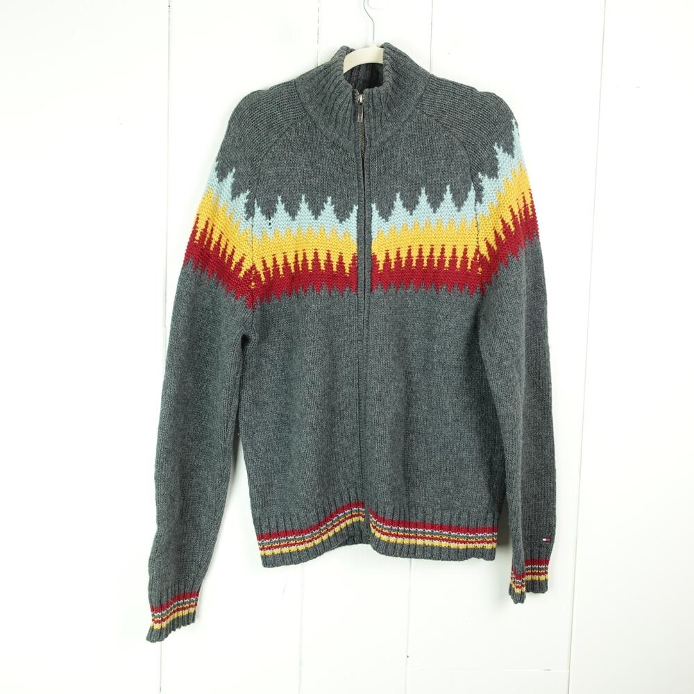 VTG Tommy Hilfiger‎ Cardigan Sweater Mens SZ L Wool Chunky Knit Full Zip Read